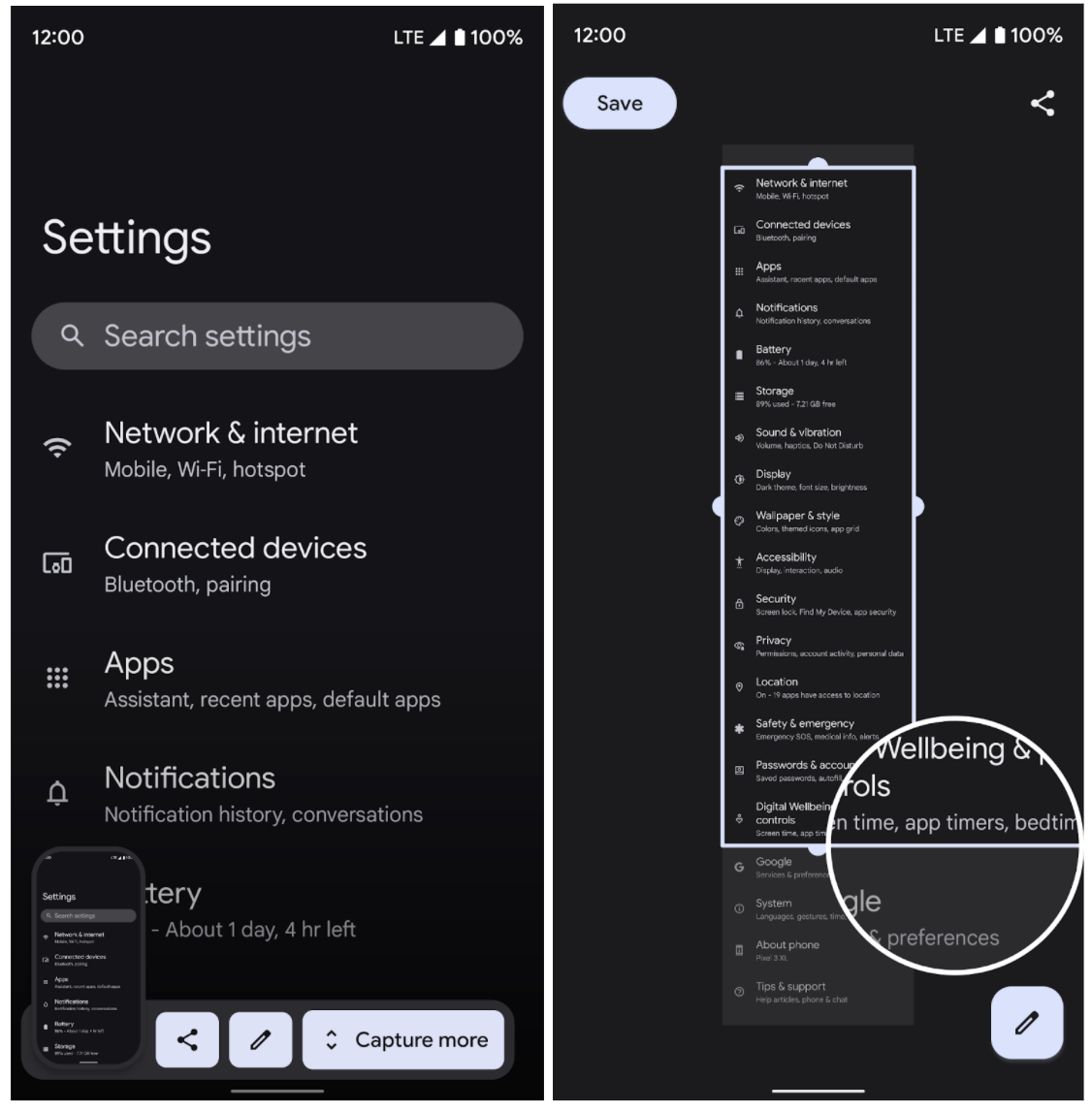 fazendo uma captura de tela da página inteira no app Settings