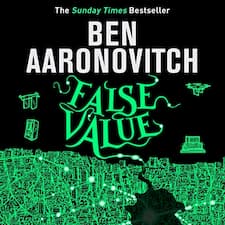 False Value (Rivers of London, #8) audiobook cover. A map of london in green on a black backdrop, with a towel holder, drone, and computer hardware.