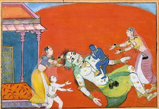 Krishna suckled by the rakshasi Putana, who intended to murder the child by poisoning her breasts. Udaipur painting, 1740. British Museum, London.