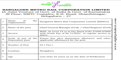 Chief General Manager or Chief Engineer - Civil Jobs in Bangalore Metro Rail Corporation Limited