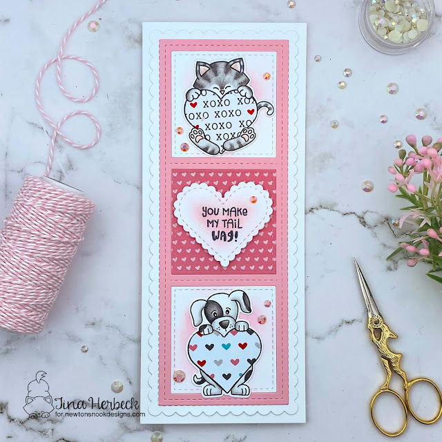 Valentine Cat Card by Tina Herbeck | Newton's Heart Stamp Set, Slimline Frames & Portholes Die Set, Slimline Frames & Windows Die Set and Love & Woofs Paper Pad by Newton's Nook Designs