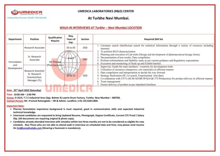 Job Availables,Umedica Laboratories Walk-In-Interview For M.Pharm