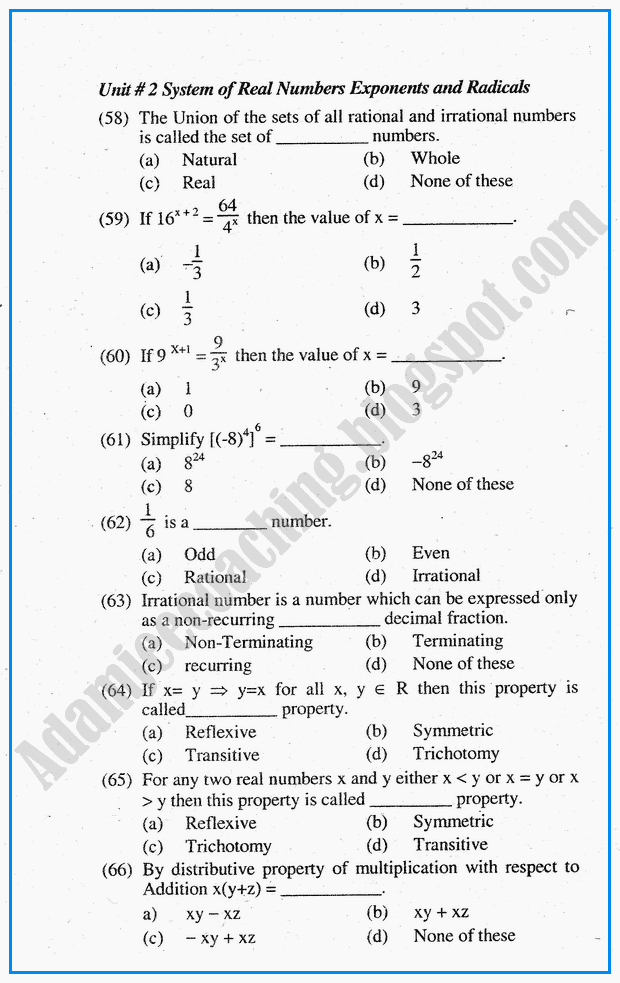 system-of-real-numbers-exponents-and-radicals-mcqs-mathematics-notes-for-class-10th