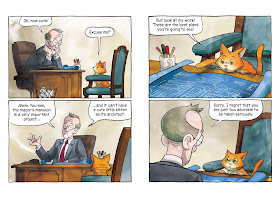 A four panel spread in which an orange cat's plans are rejected because she is too cute.