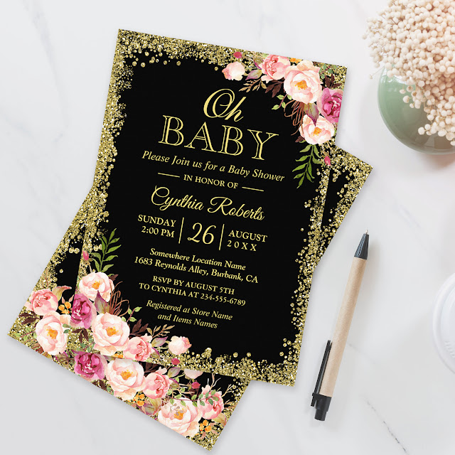  Oh Baby Shower - Black Gold Glitters Pink Floral Invitation