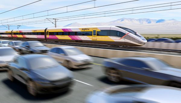 An artist's concept of Brightline West's bullet train traveling through the High Desert.