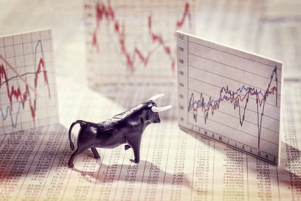 A ‘bull market’ occurs when securities are on the rise, whereas a ‘bear market’ is when securities fall for a sustained period. Both terms are metaphors; a bull thrusts its horns into the air and a bear swipes its paws down.