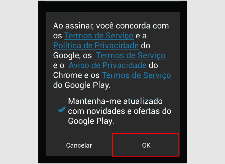 Aceitando os termos de serviço e a política de privacidade do Google