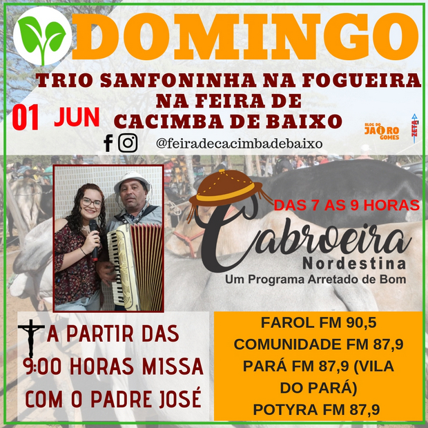 Neste domingo, 2 de junho tem forró com o "Trio Sanfoninha na Fogueira", na feira de Cacimba de Baixo