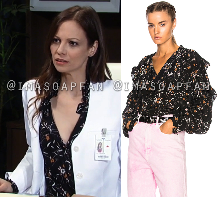 Kim Nero, Tamara Braun, Ruffled Black Floral Print Silk Blouse, General Hospital, GH