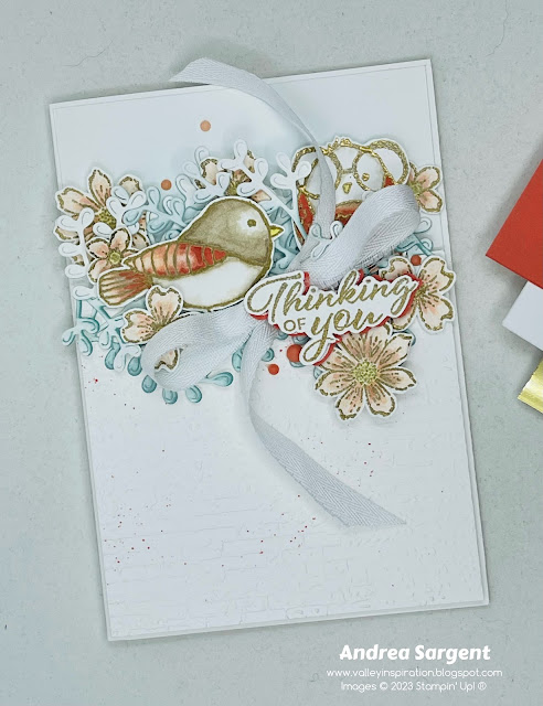 Show someone you are thinking of them with a personally created card using Calypso Coral, Bird’s Eye View, Petal Park and Gorgeously Made.