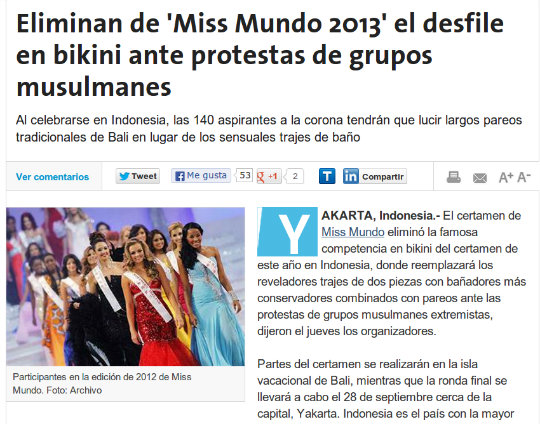 Eliminan de 'Miss Mundo 2013' el desfile en bikini ante protestas de grupos musulmanes