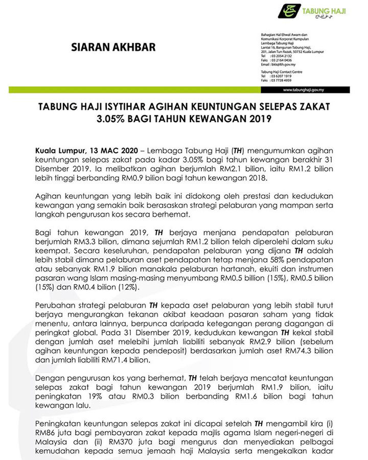 Tabung Haji Umum Dividen Sebanyak 3 05 Peratus Untuk Tahun 2019