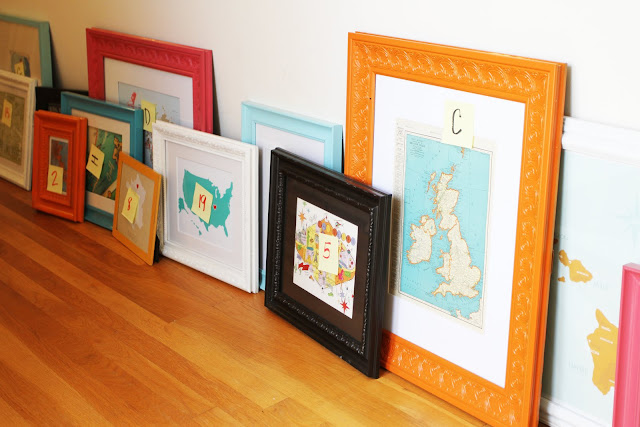 DIY Gallery Map Wall with colorful painted frames