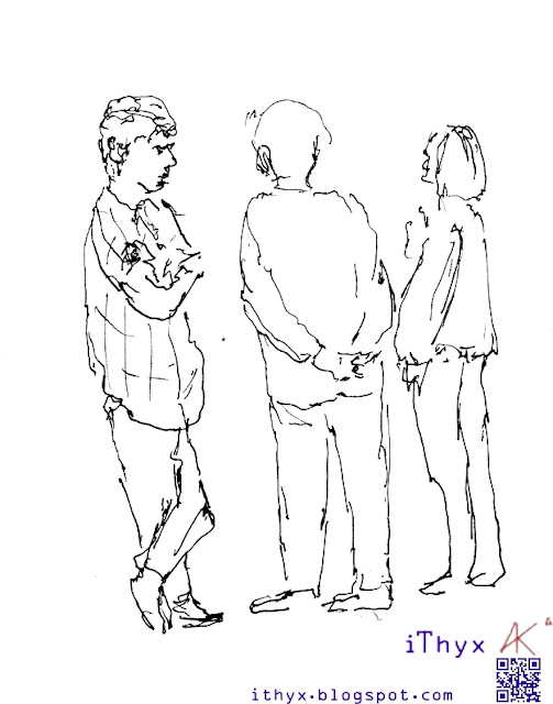 Два парня и девушка общаются между собой, линейный набросок сделал художник Андрей Бондаренко @iThyx
