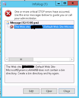 The Web site *Server Name* Default Web Site- MicrosoftDynamicsAXAif60 does not contain a bin directory. Create and try again