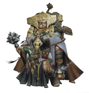 The official illustration of Shardra, the first trans character in Pathfinder, an excellent representation of diversity in gaming. She is a dwarven female in elaborate shaman clothing, holding a large mace, with a fantastical lizard-like creature on her shoulder.