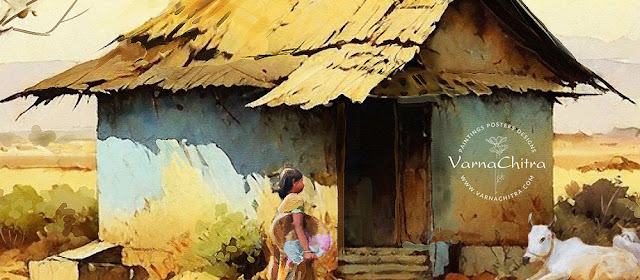 watercolor landscape painting of Indian countryside cottage rural painting by Biju Varnachitra