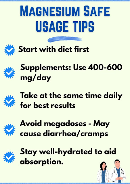 Here is the useful infographic to understand the safe usage tips of magnesium. This includes, initially, trying to increase the magnesium level with a diet rich in magnesium; you can use the 400-600 mg per day magnesium supplements if required, but it is recommended to take the magnesium supplements at the same time daily for getting the best result, and a megadose should not be taken, and if a person took a megadose, then it might cause diarrhea or cramps, and you should be well hydrated to help in the proper absorption.