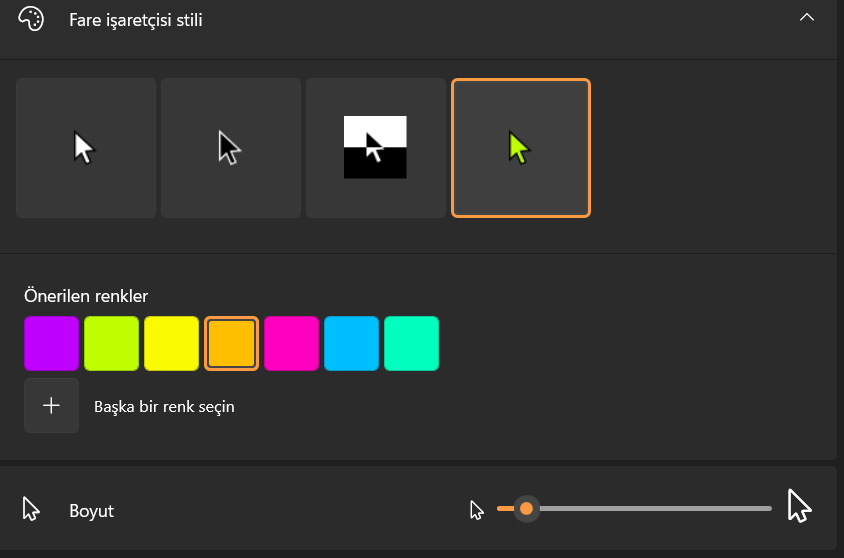 windows 11 fare imlecini renklendirme ve büyütmek