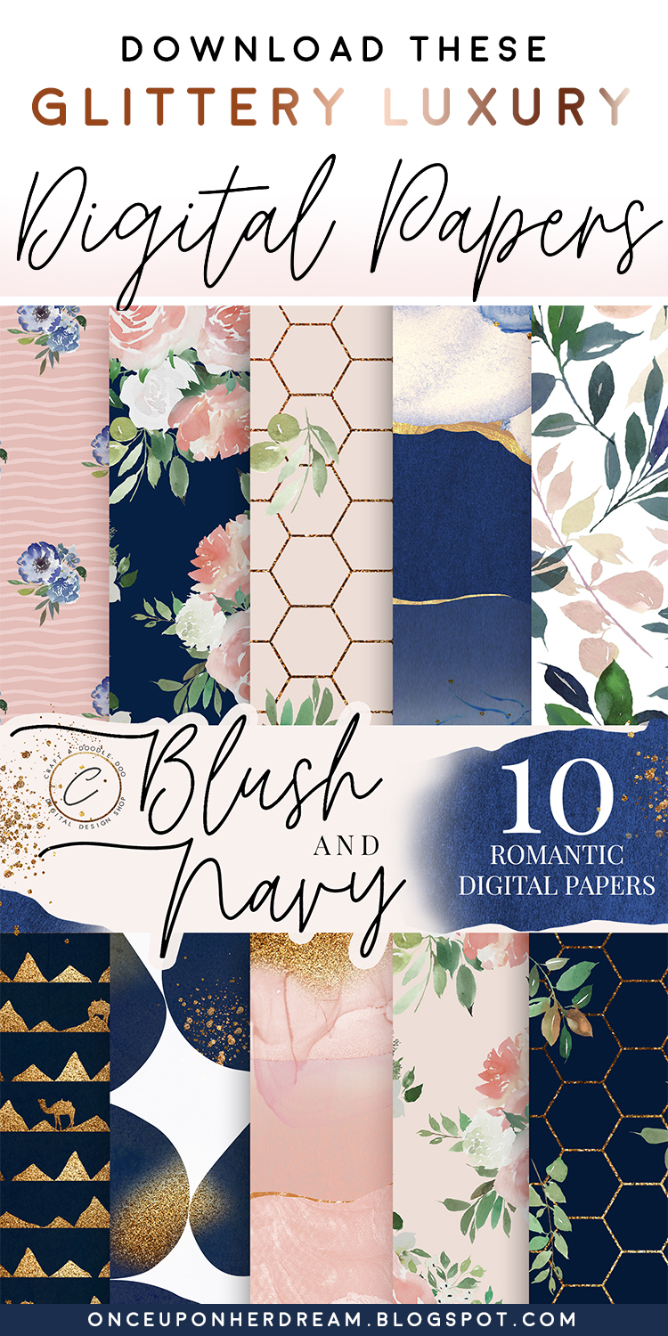 Blush & Navy theme free digital papers by Craft A Doodle Doo for scrapbooking, crafting, DIY and decorating projects. With watercolor florals, gold and glitter accents #digitalpaperpack #navyandblush #watercolorfloralpaper #scrapbookpaper