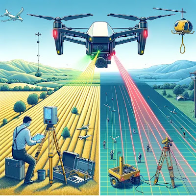 This image showcases a dynamic comparison between traditional and modern mapping techniques. In the foreground, we see a surveyor with traditional tools like a tripod and theodolite, juxtaposed with the advanced technology of a drone equipped with aerial LiDAR in the background. The drone is actively scanning the landscape, represented by radiant red laser beams creating a grid on the ground that captures numerous data points. This illustration highlights the stark difference in detail and accuracy, emphasizing how aerial LiDAR can rapidly collect vast amounts of data to create detailed 3D models, far surpassing the capabilities of conventional ground surveys.