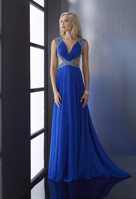 Sexy V Neck Chiffon Long Royal Blue Bridesmaid Dresses with Sequin