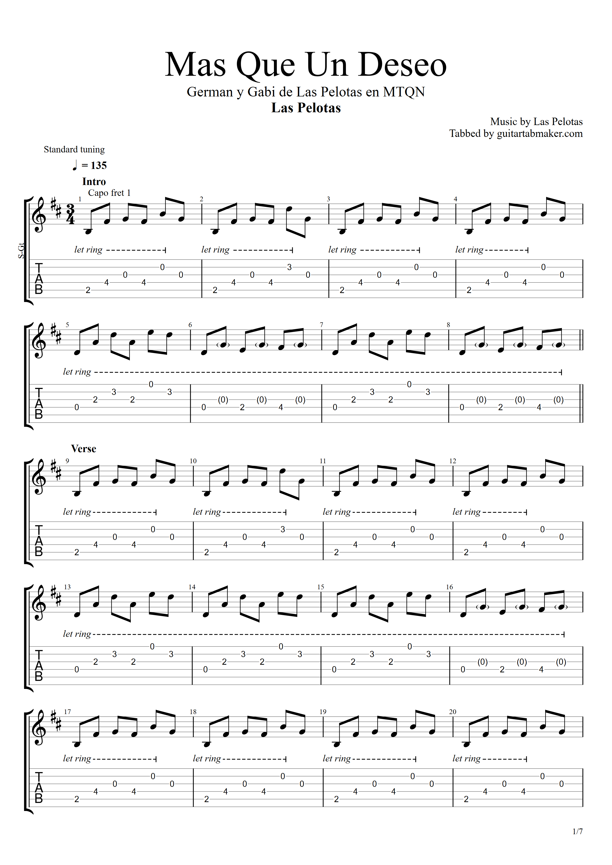 Mas Que Un Deseo acoustic guitar TAB