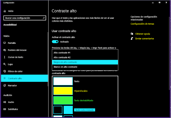 Pantalla de configuración de alto contraste en Windows. Se puede elegir entre diferentes temas.