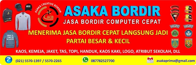 Bordir nama, bordir kaos, bordir handuk, bordir rompi, bordir wearpack, bordir tas, bordir logo, bordir patch emblem, bordir ulos, bordir syal/slayer, bordir selempang, bordir kemeja, bordir topi, bordir saputangan, bordir goodie bag, bordir souvernir