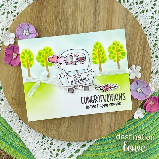 Just Married Wedding Card by Jennifer Jackson | Destination Love Stamp Set and Tree Line Stencil Set by Newton’s Nook Designs #newtonsnook