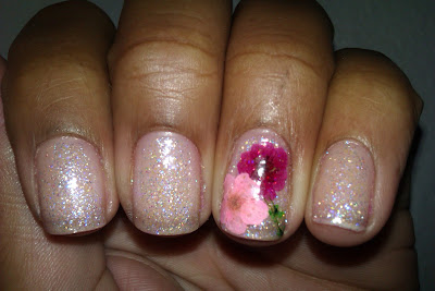 Glitter, dried flowers, pink, french tip, frenchie, girly, nail art, mani