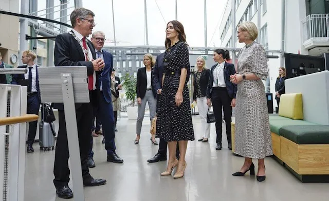 Crown Princess Mary wore a polka-dot pleated dress by Prada. Princess Mary attended an event at the Science City in Oslo
