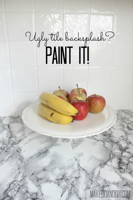 painted kitchen tile backsplash, cheap and easy update for dated tile. www.makedoanddiy.com