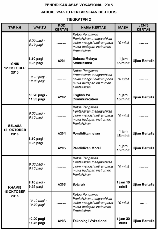 Jadual Waktu Pentaksiran Asas Vokasional (PAV) 2015
