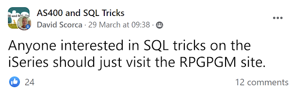 Anyone interested in SQL tricks on the iSeries should just visit the RPGPGM site.