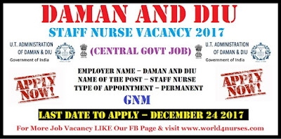 Daman and Diu 52 Staff Nurse Vacancy 2017 (central govt job)