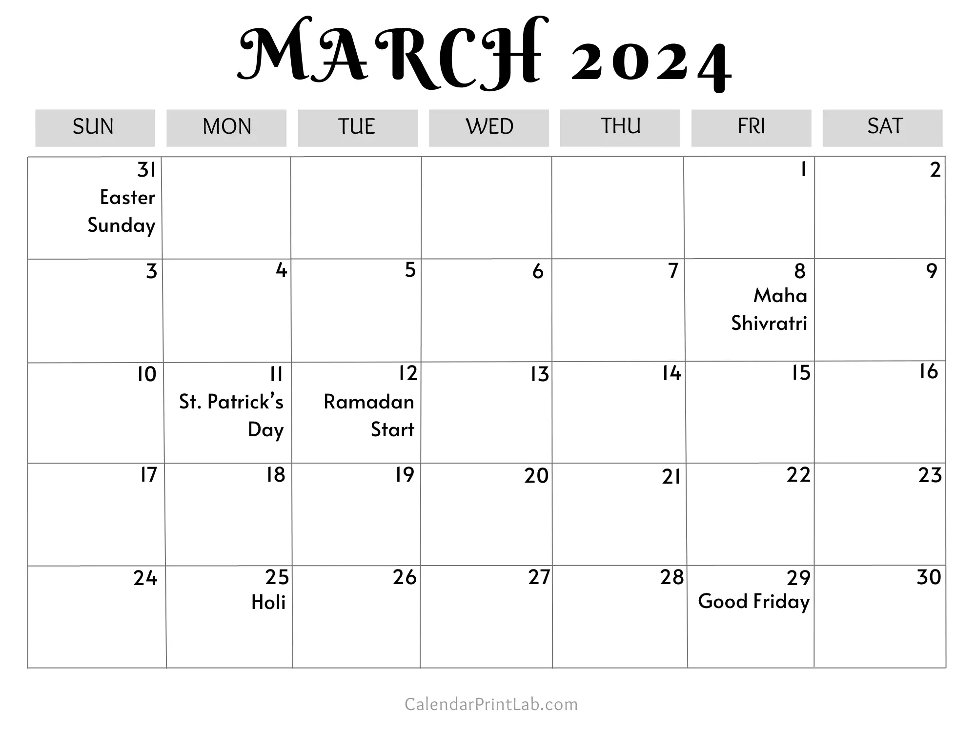 March 2024 Calendar with Holidays