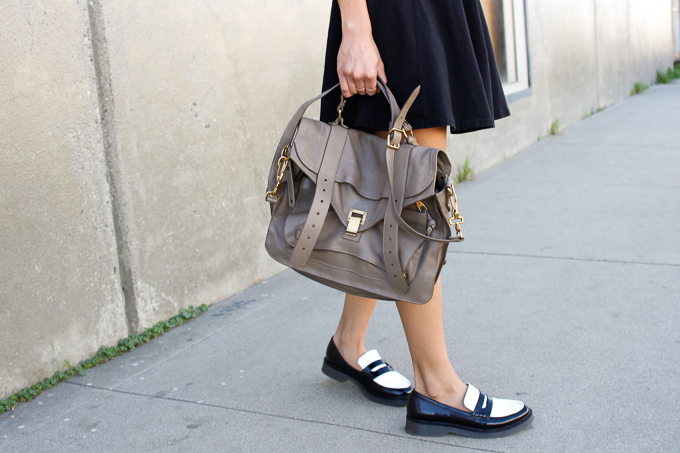 Proenza Schouler PS1 Medium Smoke, YMI Denim jacket, Zara black and white loafers, beautybitten