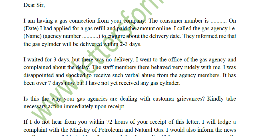 Sample Complaint Letter To Gas Company Against Gas Agency