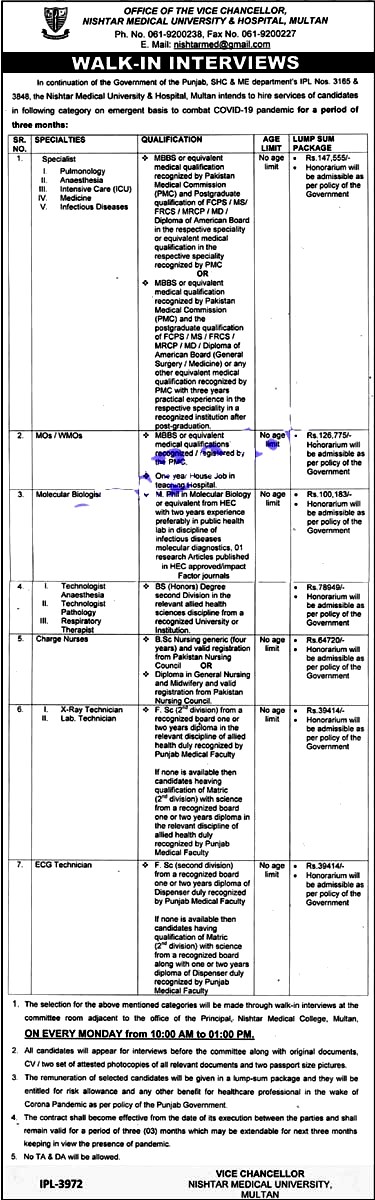 Latest Jobs in Nishtar Medical University Multan May 2021