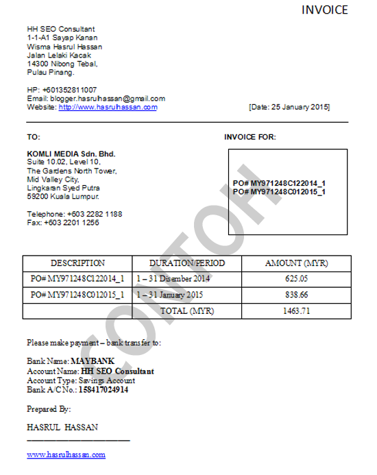 Invois Contoh Invoice Tuntutan Bayaran Projek