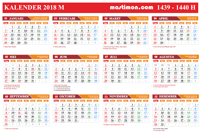 Download Gratis Kalender 2018 VEKTOR Lengkap tanggal 