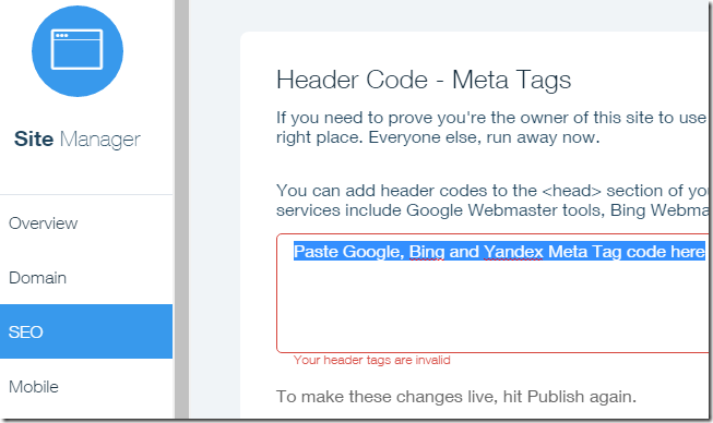 Wix Header Code - Meta Tags