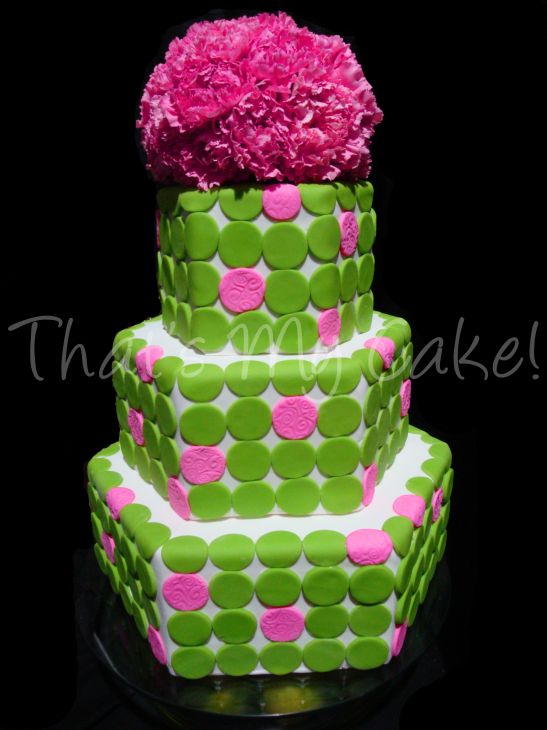 Gorgeous green and pink gingham wedding cake with tiny flowers created by 
