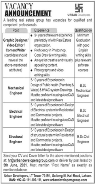 Jobs in Urban Developers Lahore 2021