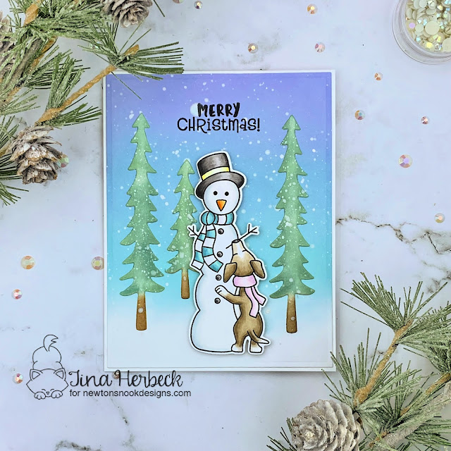 Snowman & Puppy Christmas Card by Tina Herbeck | Holiday Heights Stamp Set and Forest Scene Builder Die Set by Newton's Nook Designs #newtonsnook #handmade