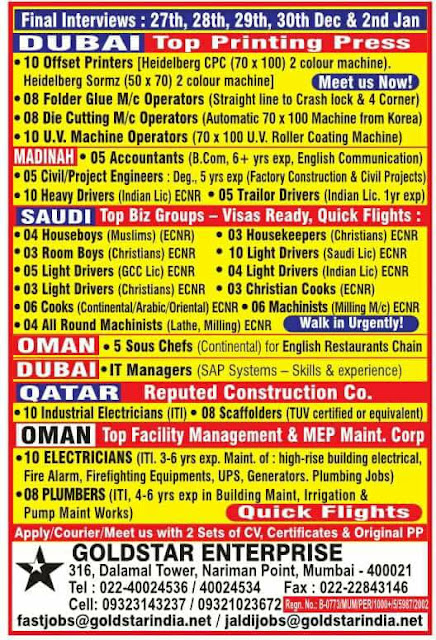 Dubai, KSA, OMan & Qatar Large Job Opportunities