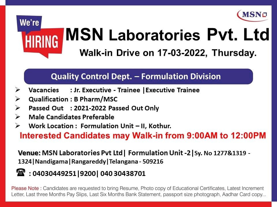 Job Availables,MSN Laboratories Pvt. Ltd Walk-In-Interview For B.Pharm/ MSc - Freshers