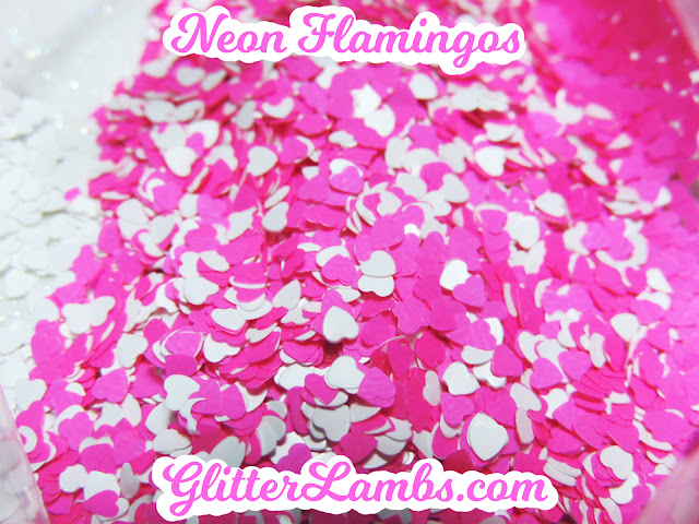 Glitter Lambs "Neon Flamingos" Loose Glitter Mix Craft Glitter Nail Art Glitter White Hearts Neon Hot Pink Hearts Glitter
